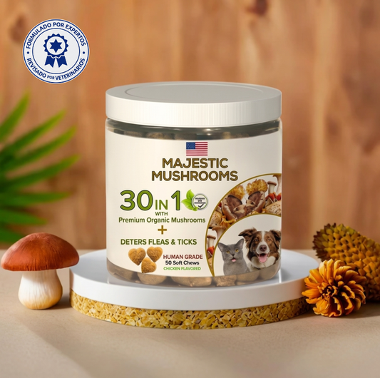 MAJESTIC MUSHROOMS™  7 HONGOS ORGANICOS CON DEFENSA NATURAL PARA PULGAS Y GARRAPATAS